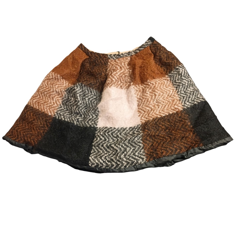 Handmade Vintage Patchwork Mini Skirt Womens Small Brown Wool Herringbone Mod